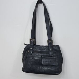 Stone & Co Black Pebbled Leather Shoulder Bag Tote Silver Hardware